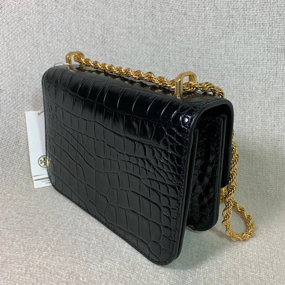 Tory Burch Black Croc-Embossed Mini Shoulder Bag with Gold Logo